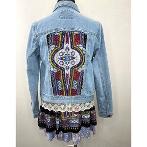 Upcycled Jean Jacket S Blue Denim Boho Hippie Repurposed Ruffle Lace Peplum OOAK